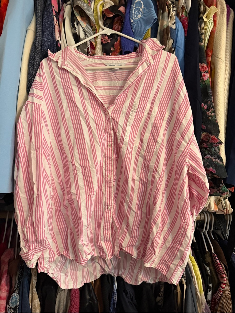 Old Navy Pink and White Striped Button-Down Shirt 2xl
